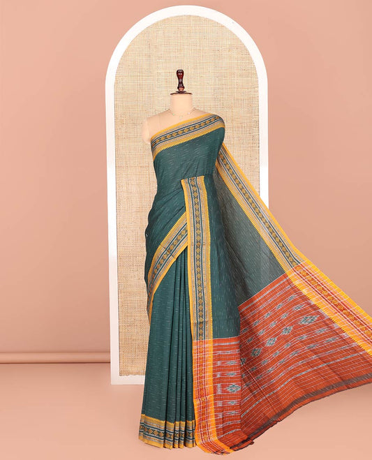 Green Odisha Cotton Saree, Subtly Woven with Buttas All Over the Body, Complemented by a Contrast Temple Border of Geometric Thread Patterns, Pallu Depicts Geometric Patterns, and Has No Blouse