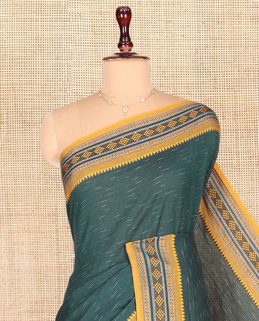 Green Odisha Cotton Saree, Subtly Woven with Buttas All Over the Body, Complemented by a Contrast Temple Border of Geometric Thread Patterns, Pallu Depicts Geometric Patterns, and Has No Blouse
