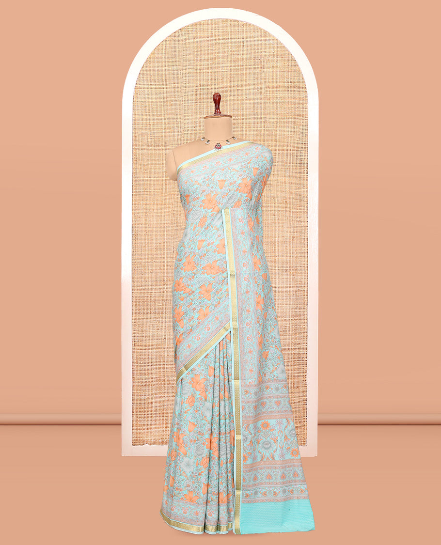 Blue Floral-Vine Printed Silk Saree, a Traditional Zari Border, Floral Pallu, Matching Blouse