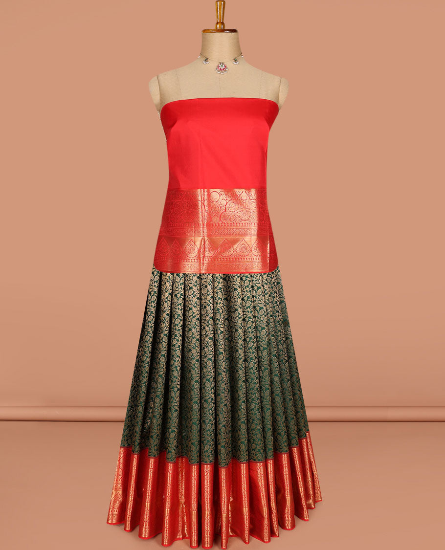 Green pure-silk half-saree, jacquard skirt, contrast blouse, and border of Mughal-style zari designs, and intricate dhavani
