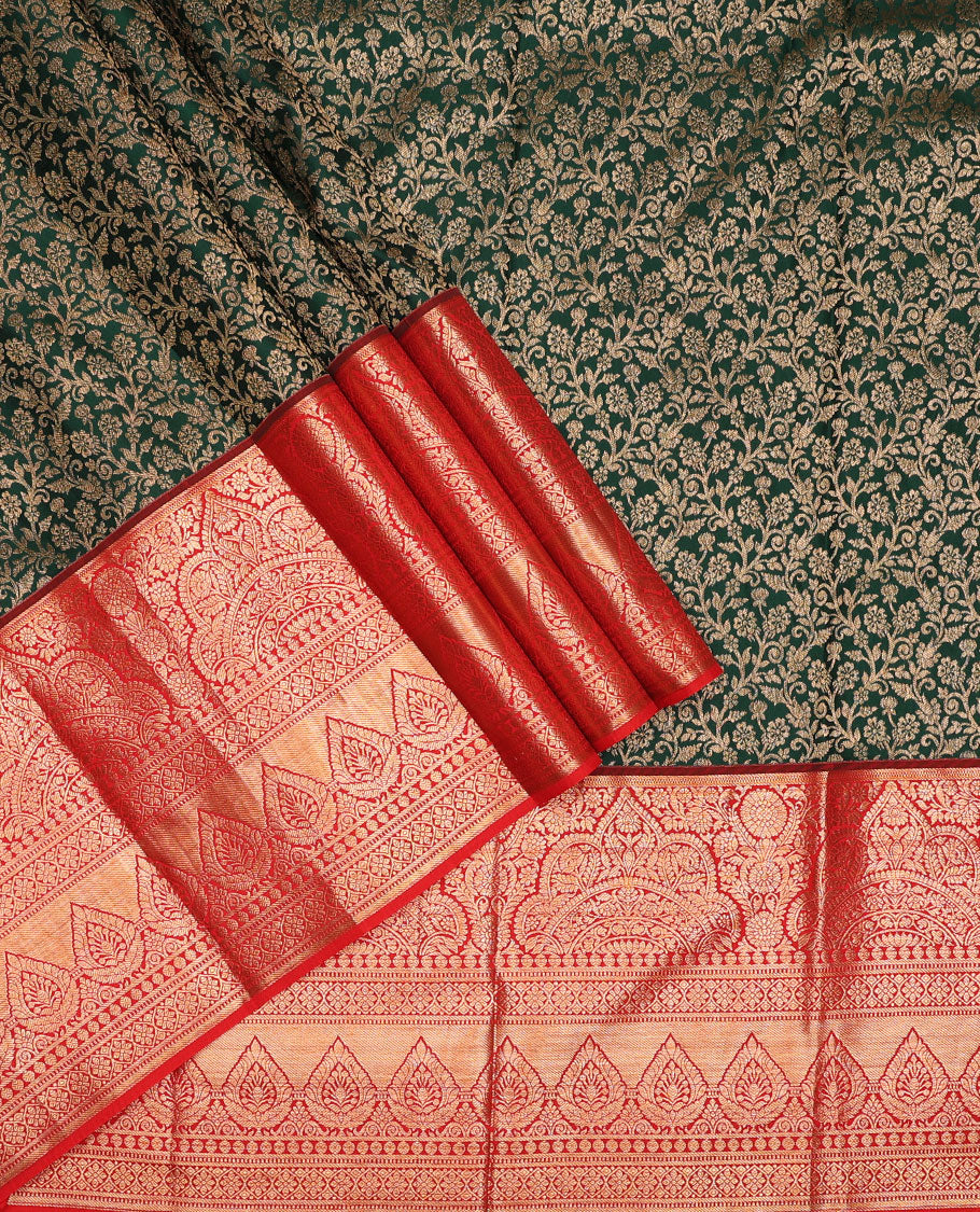 Green pure-silk half-saree, jacquard skirt, contrast blouse, and border of Mughal-style zari designs, and intricate dhavani