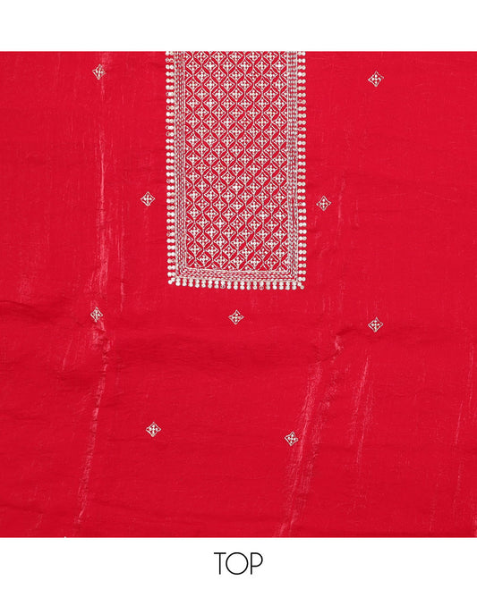 Red chudidhar material set, embroidered tissue top, plain bottom & floral vine embroidered scallop tissue dupatta