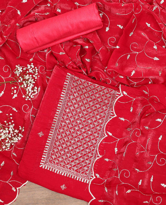 Red chudidhar material set, embroidered tissue top, plain bottom & floral vine embroidered scallop tissue dupatta
