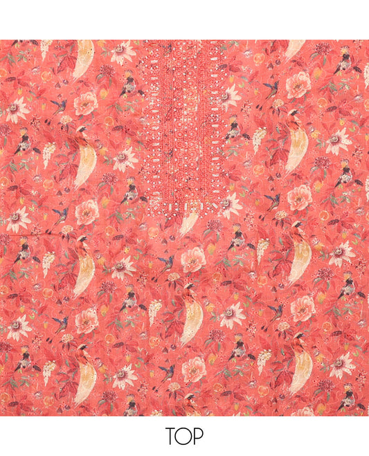 Pink material chudidar set, floral print with neck embroidered top, plain bottom, and pallu of sequins stripes