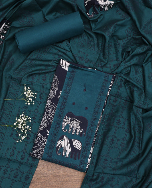 Blue Material Chudidar Set, Adorned with Tropical Floral and Building Print and Neck Embroidery on Cotton Top, a Contrast Plain Cotton Bottom, and Paired with a Geometric Printed Matching Cotton Dupatta