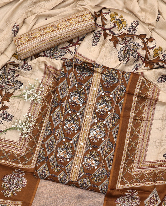 Brown Cotton Material Chudidar Set, Elevated with Intricate Motifs Print, and Embroidery on Its Cotton Top, a Geometric Printed Cotton Bottom, and Paired with Printed Cotton Dupatta