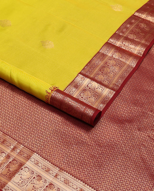 Light green buttas vasundhara elite silk saree with contrast traditional zari design border & checked floral design pallu