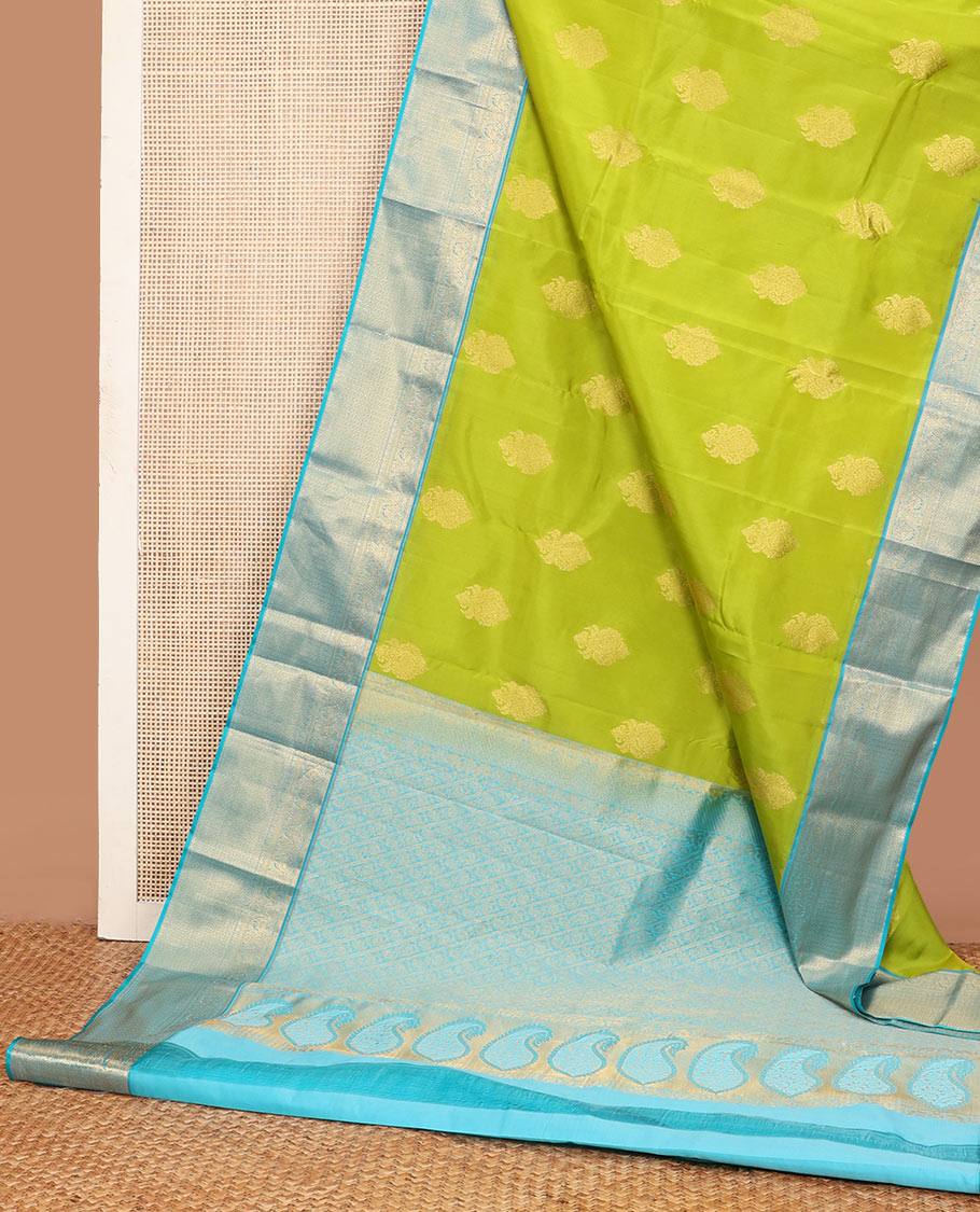Green zari buttas Vasundhara silk mix saree, contrast traditional zari border & pallu features diagonal kodi visiry designs