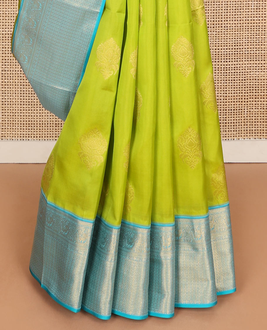 Green zari buttas Vasundhara silk mix saree, contrast traditional zari border & pallu features diagonal kodi visiry designs