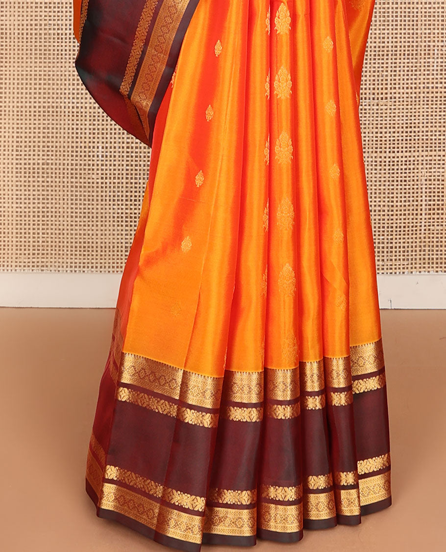 Mango yellow zari design vasundhara silk mix saree, contrast border of thilakam,muthu,neli, diamond & cross kamalam & geometric patterned pallu