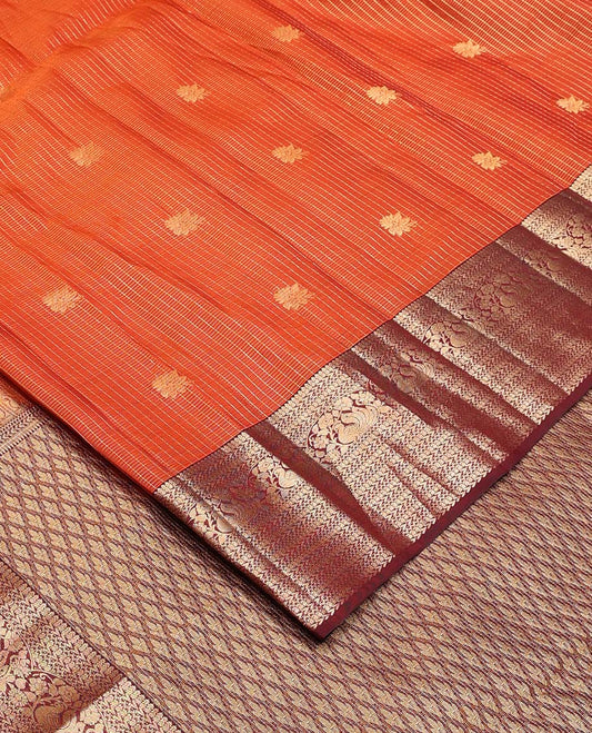 Orange zari design Vasundhara silk mix saree, contrast border of kathir, neli, and mayil designs and intricate pallu
