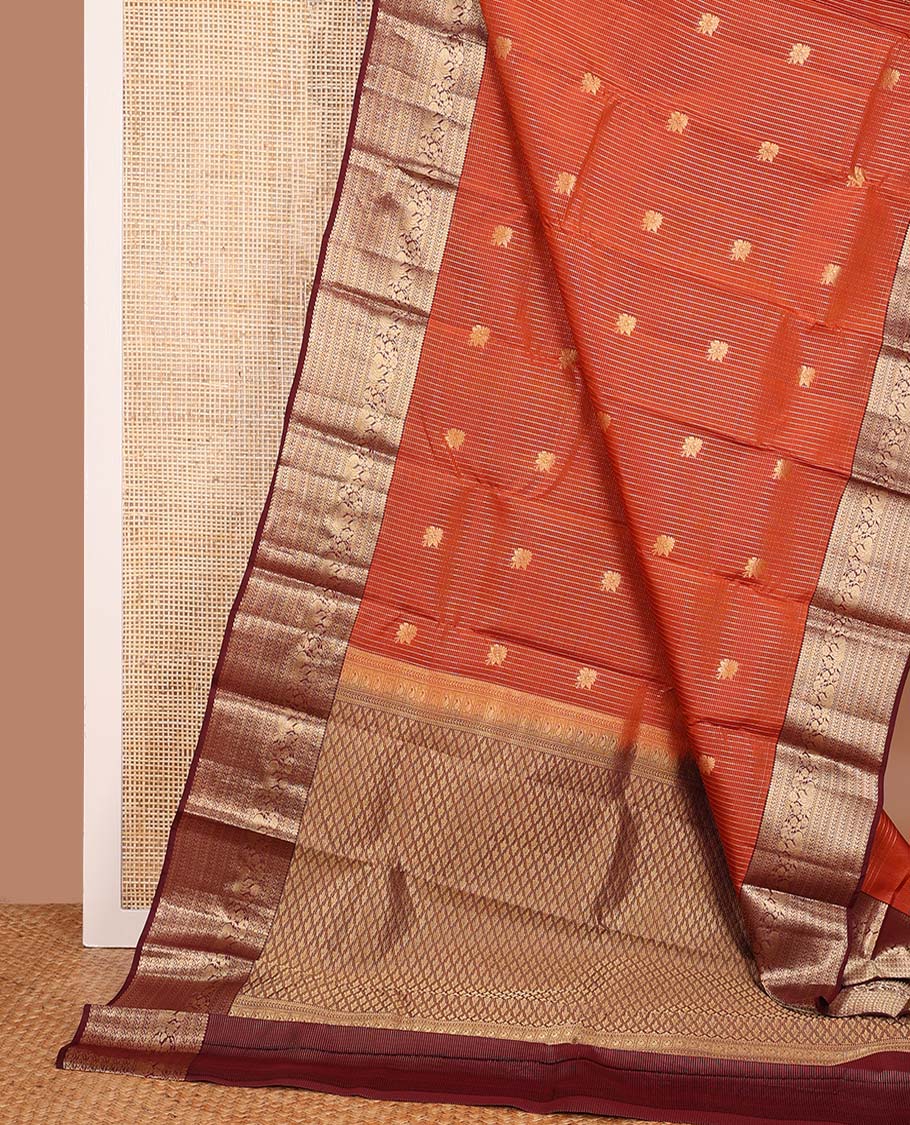 Orange zari design Vasundhara silk mix saree, contrast border of kathir, neli, and mayil designs and intricate pallu