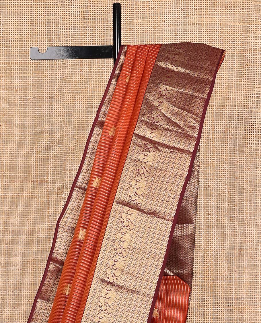 Orange zari design Vasundhara silk mix saree, contrast border of kathir, neli, and mayil designs and intricate pallu