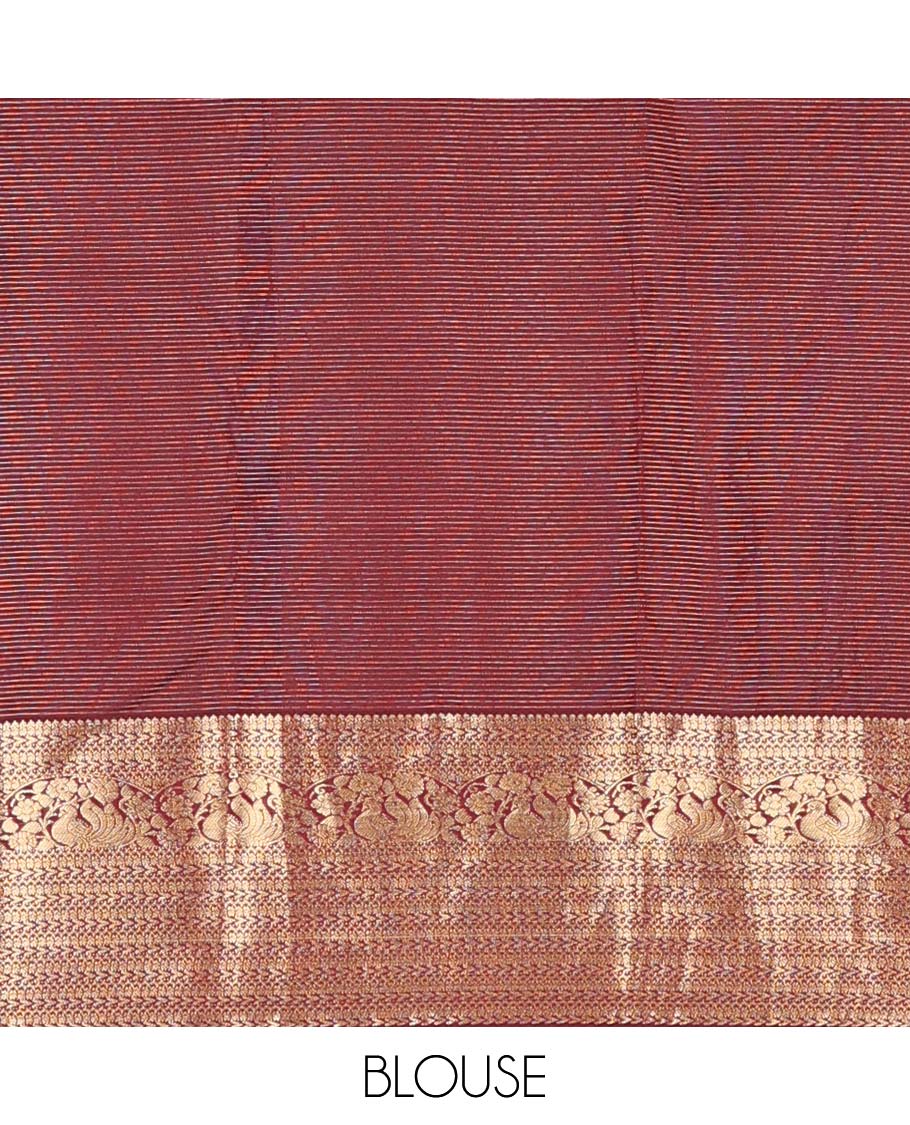 Orange zari design Vasundhara silk mix saree, contrast border of kathir, neli, and mayil designs and intricate pallu