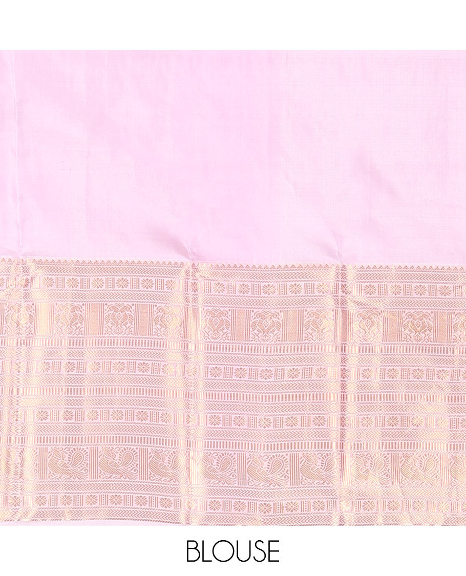 Pink Vasundhara Silk Saree Elevated with Zari Designs All Over Its Body, Complemented by Zari Border of Rekku, Kathir, Star Vanki, Iruthalai Pakshi, and Mayil Designs, a Grand Pallu, and Paired with a Matching Blouse