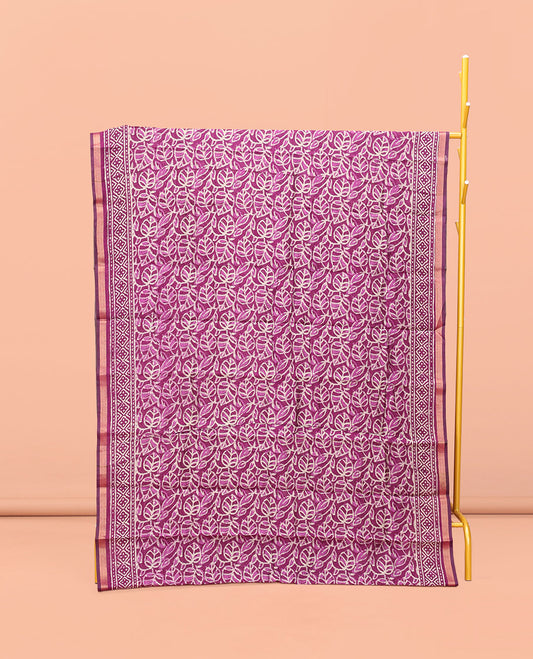 Purple Kanchi Cotton Saree, Embellished with Leaf Motifs All Over Its Body, a Subtle Self-Border, Pallu of Block Printed Floral Designs, and Paired with a Contrast Blouse