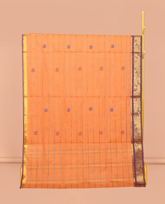 Orange Venkatagiri Cotton Saree, Accentuated with Peacock Buttas and Stripes, a Contrast Floral-Paisley Zari Border, Pallu of Buttas and Stripes, and No Blouse