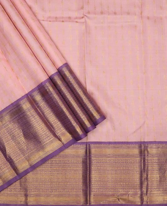 Peach puresilk halfsaree, zari buttas skirt, contrast border, blouse of rekku,banaras,muthu,mayil kann,rettai neli,poun,kathir,rudraksham, and kodi visiry, and zari woven dhavani