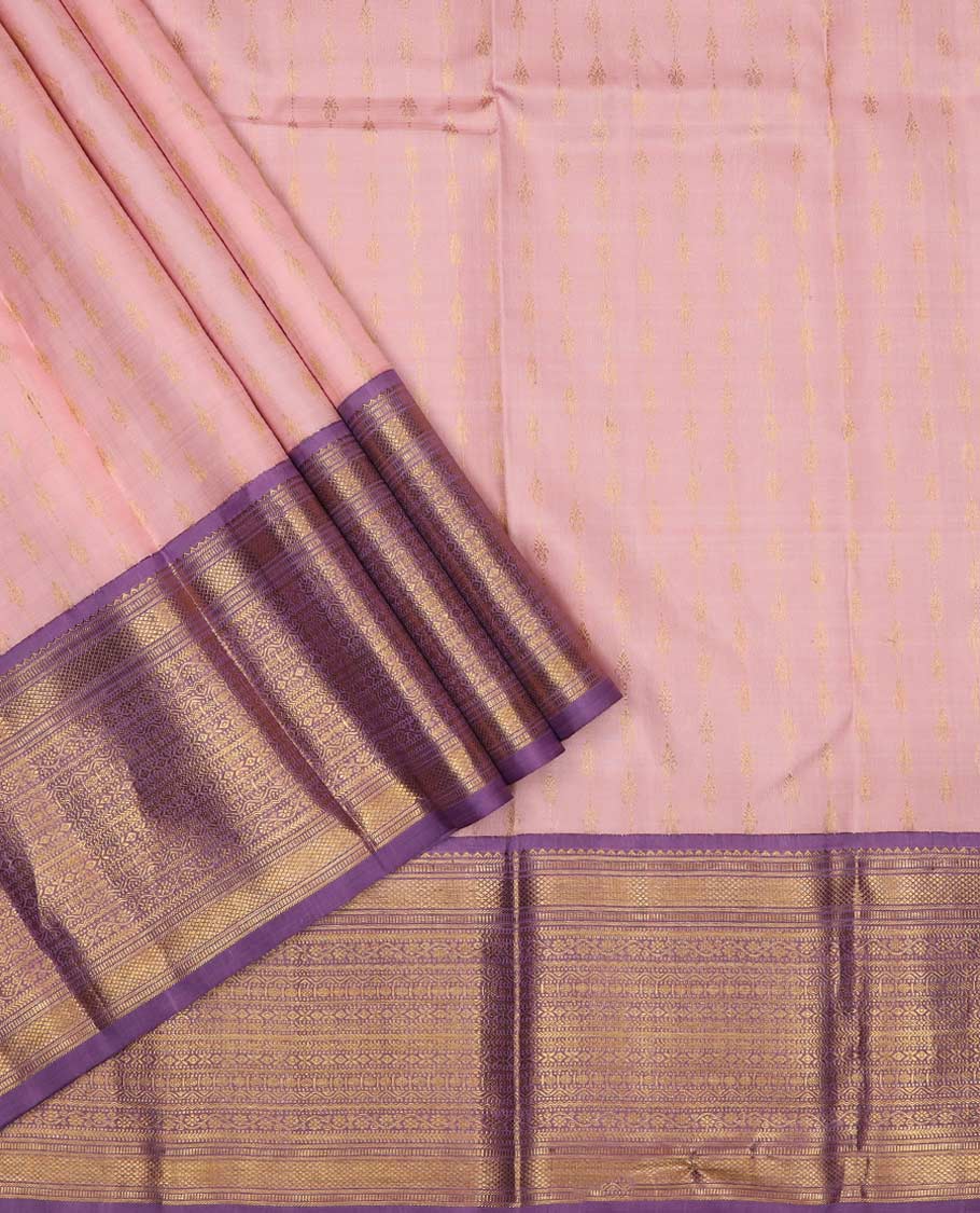 Peach puresilk halfsaree, zari buttas skirt, contrast border, blouse of rekku,banaras,muthu,mayil kann,rettai neli,poun,kathir,rudraksham, and kodi visiry, and zari woven dhavani