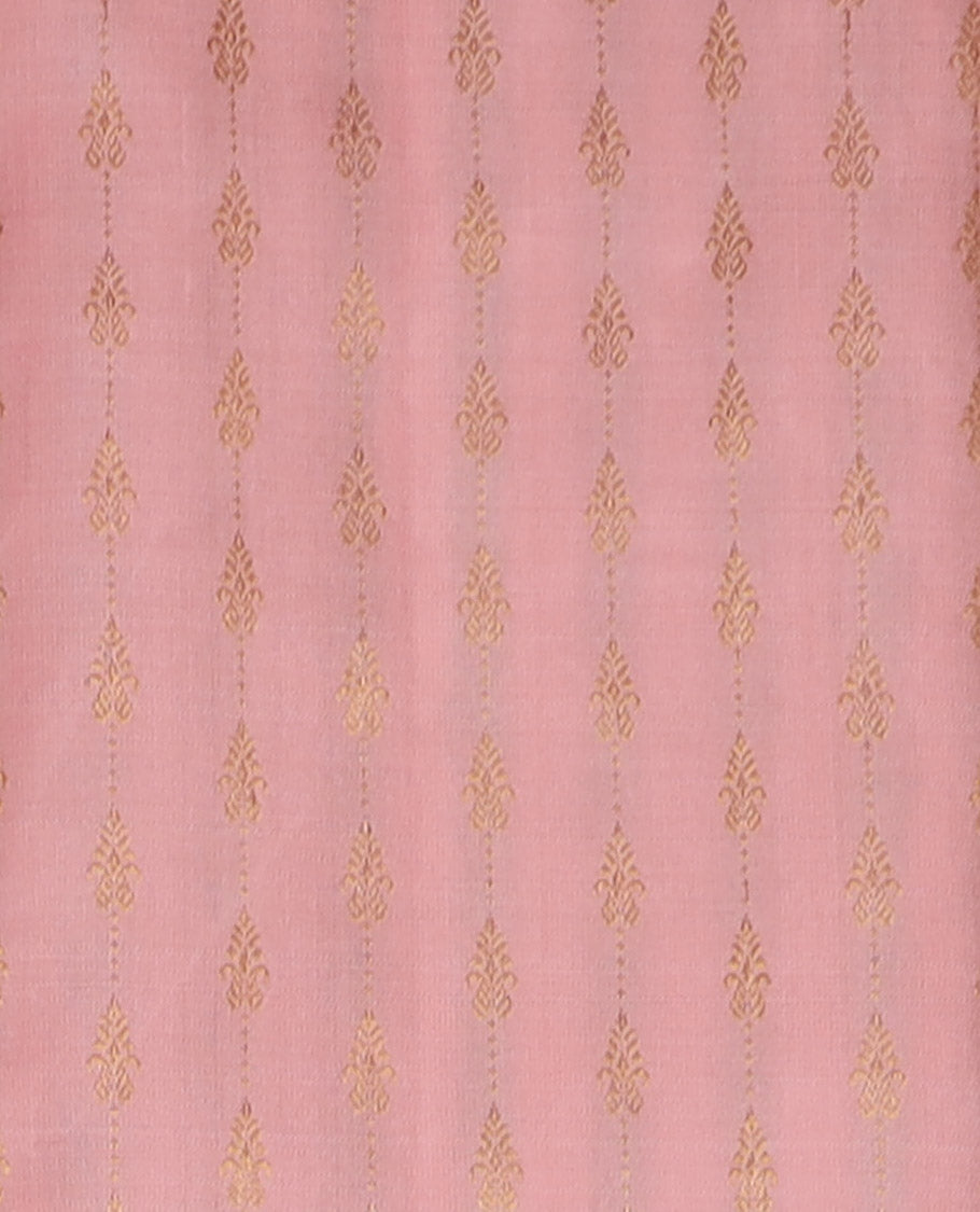 Peach puresilk halfsaree, zari buttas skirt, contrast border, blouse of rekku,banaras,muthu,mayil kann,rettai neli,poun,kathir,rudraksham, and kodi visiry, and zari woven dhavani