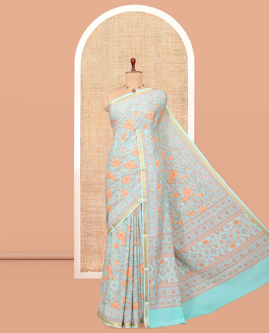 Blue Floral-Vine Printed Silk Saree, a Traditional Zari Border, Floral Pallu, Matching Blouse