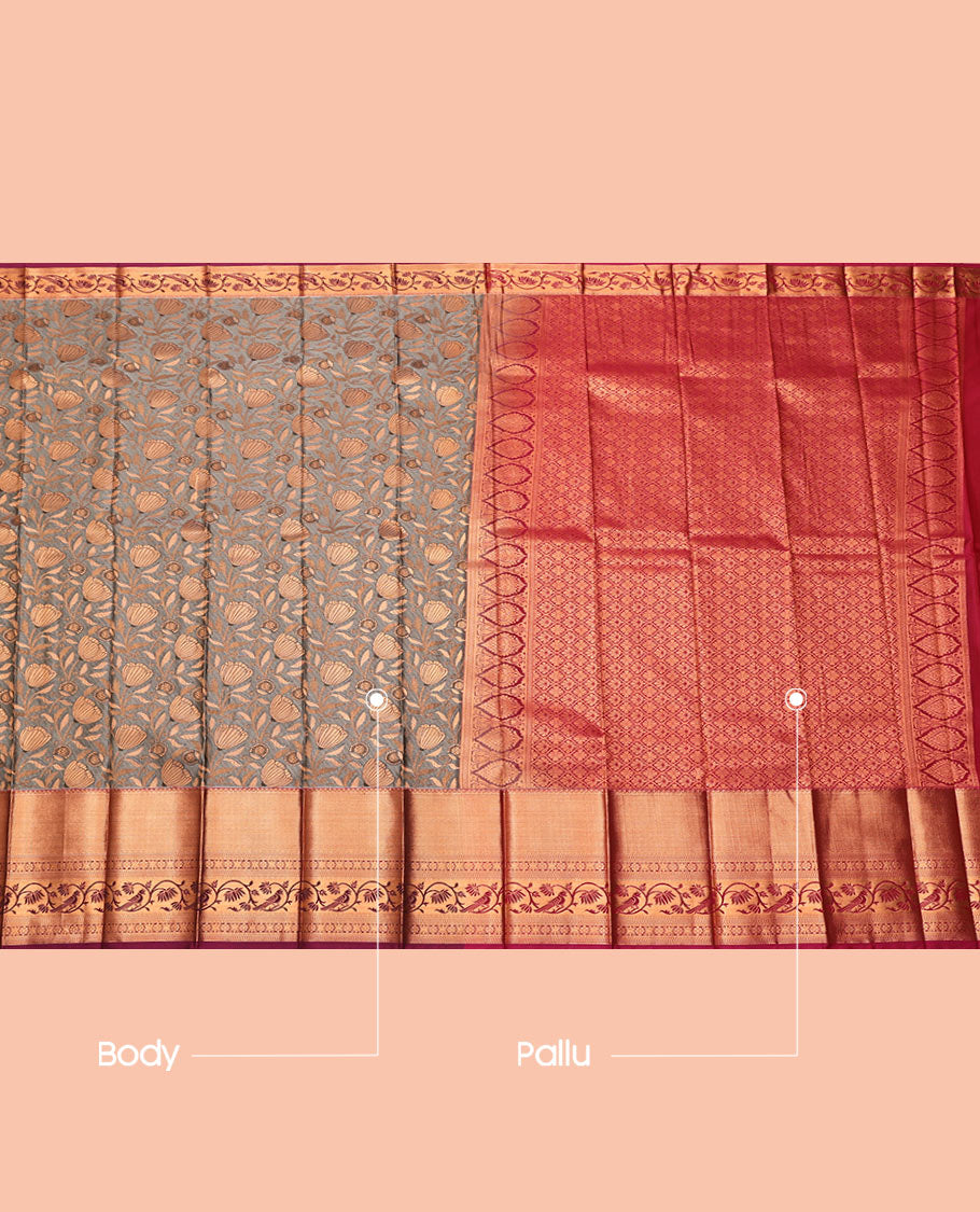 Grey Budget Silk Saree, Decked Up with Jacquard Design, Contrast Traditional Zari Border, Jaal Pallu, and a Contrast Blouse