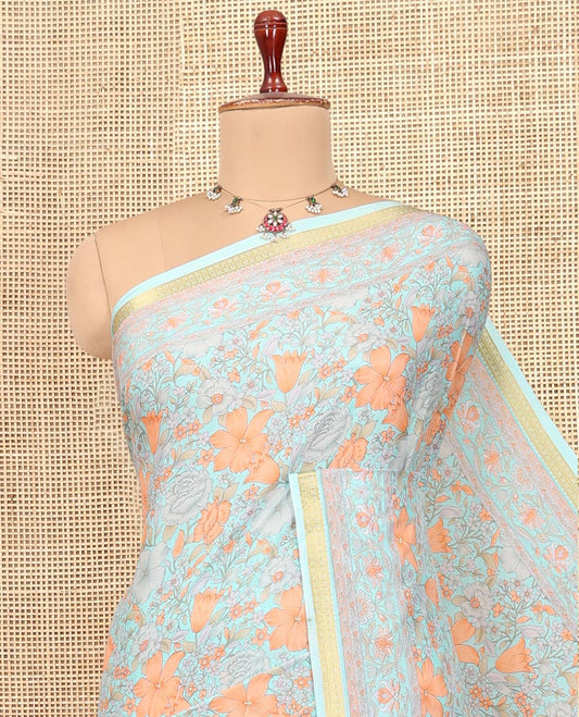 Blue Floral-Vine Printed Silk Saree, a Traditional Zari Border, Floral Pallu, Matching Blouse