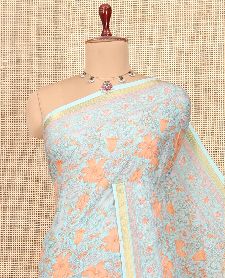 Blue Floral-Vine Printed Silk Saree, a Traditional Zari Border, Floral Pallu, Matching Blouse