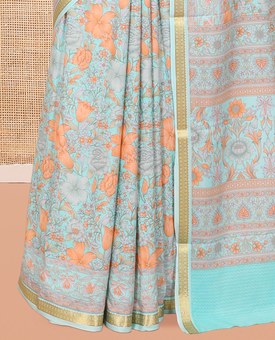 Blue Floral-Vine Printed Silk Saree, a Traditional Zari Border, Floral Pallu, Matching Blouse