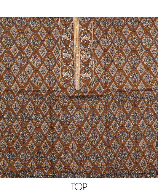 Brown Cotton Material Chudidar Set, Elevated with Intricate Motifs Print, and Embroidery on Its Cotton Top, a Geometric Printed Cotton Bottom, and Paired with Printed Cotton Dupatta