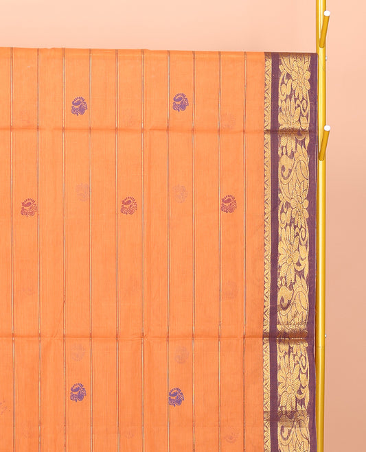 Orange Venkatagiri Cotton Saree, Accentuated with Peacock Buttas and Stripes, a Contrast Floral-Paisley Zari Border, Pallu of Buttas and Stripes, and No Blouse