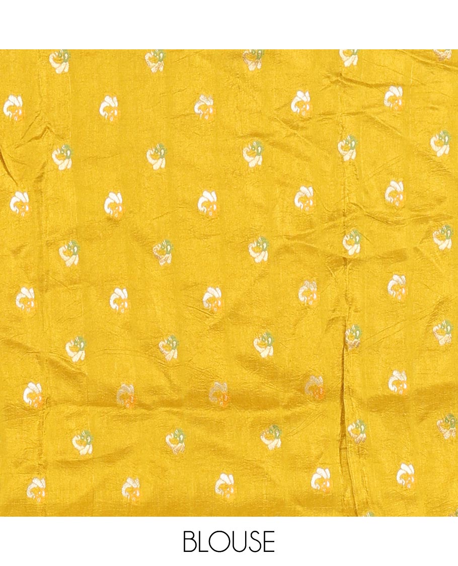Mustard Russian Silk Saree Featuring Double-Sided Plain and Central Zari Elephant Motifs Weave, Accentuated by a Subtle Traditional Zari Border, Enhanced with a Zari-Designed Pallu, and Paired with a Blouse Depicting Meenakari Peacocks