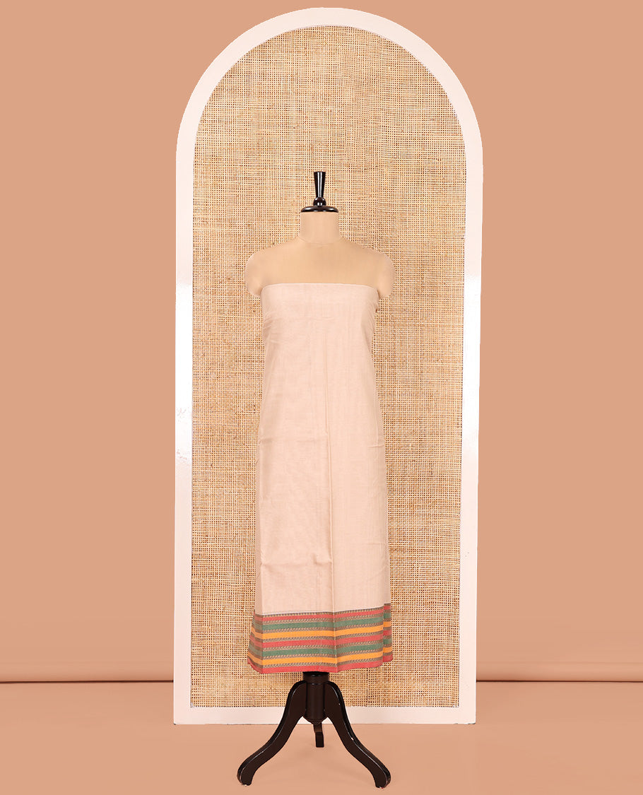 Kerala Cream Mercerised Cotton Material Churidar Set, Featuring Plain and Traditional Motifs Woven Top, Comes with a Plain Mercerised Cotton Bottom, and Is Paired with a Mercerised Cotton Traditional Motifs Woven Dupatta