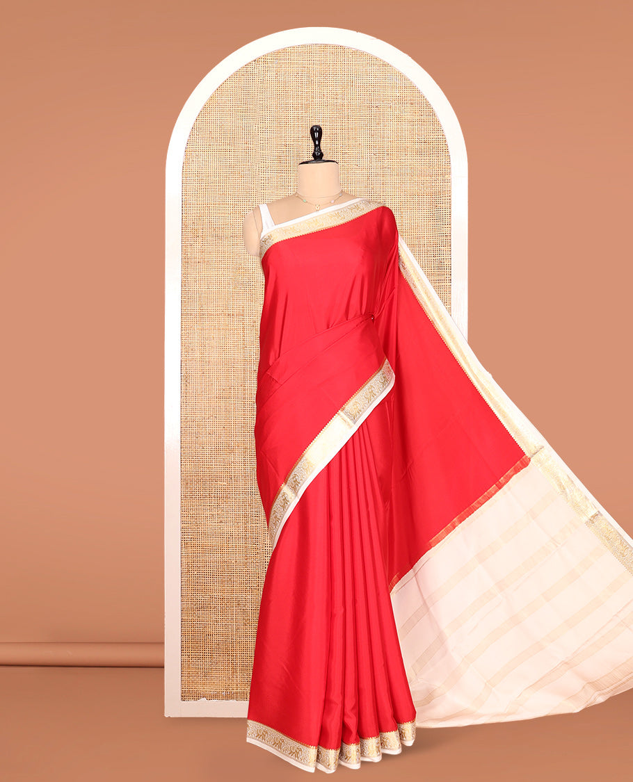 Red Plain Mysore Silk Saree, Complemented by a Contrast Elephant Zari Border, Zari Design Pallu, and a Contrast Blouse