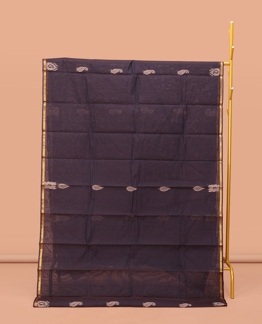 Dark Brown Kanchi Cotton Saree, Adorned with Buttas, a Subtle Piping Border, Intricate Pallu, and a Matching Blouse