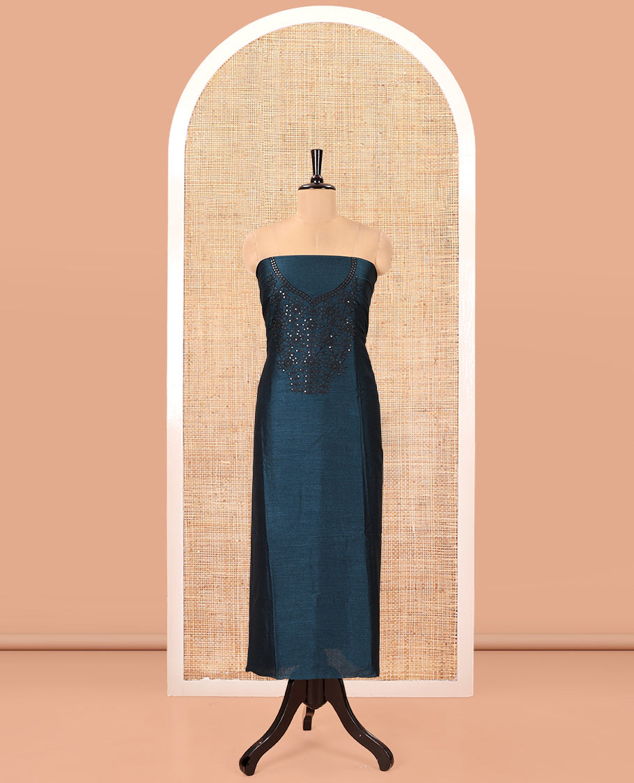 Peacock Blue Vichitra Silk Material Chudidar Set Featuring Sequins-Thread-Embroidered Top, a Santoon Bottom, and a Matching Scallop-Embroidery Dupatta