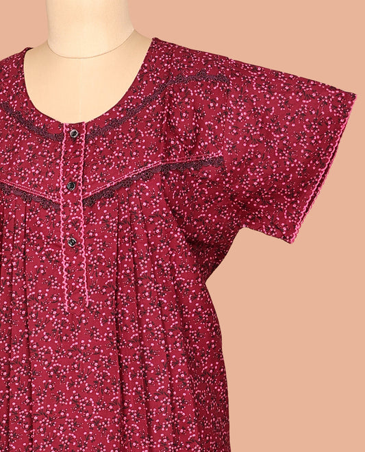 Maroon Floral Cotton-Blended Nighty