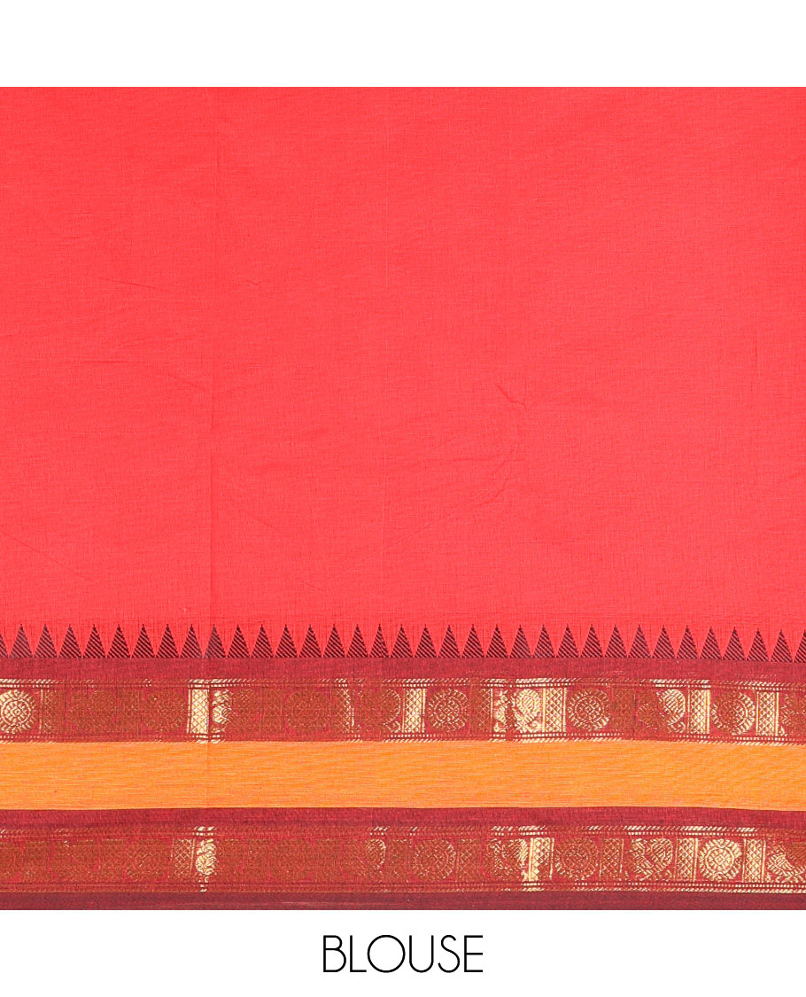 Red Plain Chettinad Cotton Saree, Complemented by Contrast Rettai Pettu Temple Border of Peacock Chakram Designs, Gleaming Striped Pallu, and Paired with a Matching Blouse