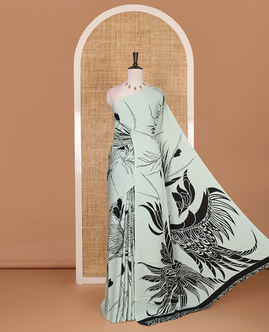 Borderless pastel green feather like floral motifs printed satin crepe saree, floral vine printed blouse