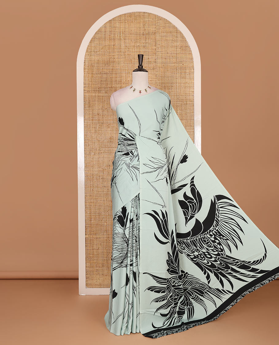 Borderless pastel green feather like floral motifs printed satin crepe saree, floral vine printed blouse