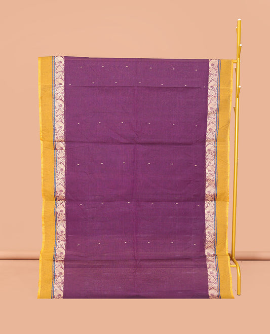 Purple Bengal Cotton Saree, Subtly Sparkled with Buttas, a Contrast Floral-Paisley Border, Pallu of Stripes and Buttas, and a Matching Blouse