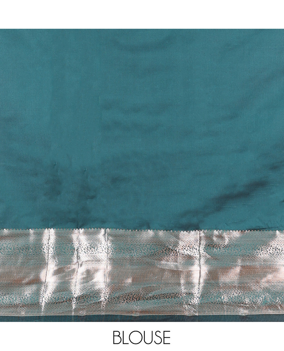 Orange Budget Silk Saree, Detailed with Zari Buttas All Over Its Body, Complemented by a Contrast Traditional Zari Design Border, Grand Chevron Striped Pallu, and Paired with a Contrast Blouse