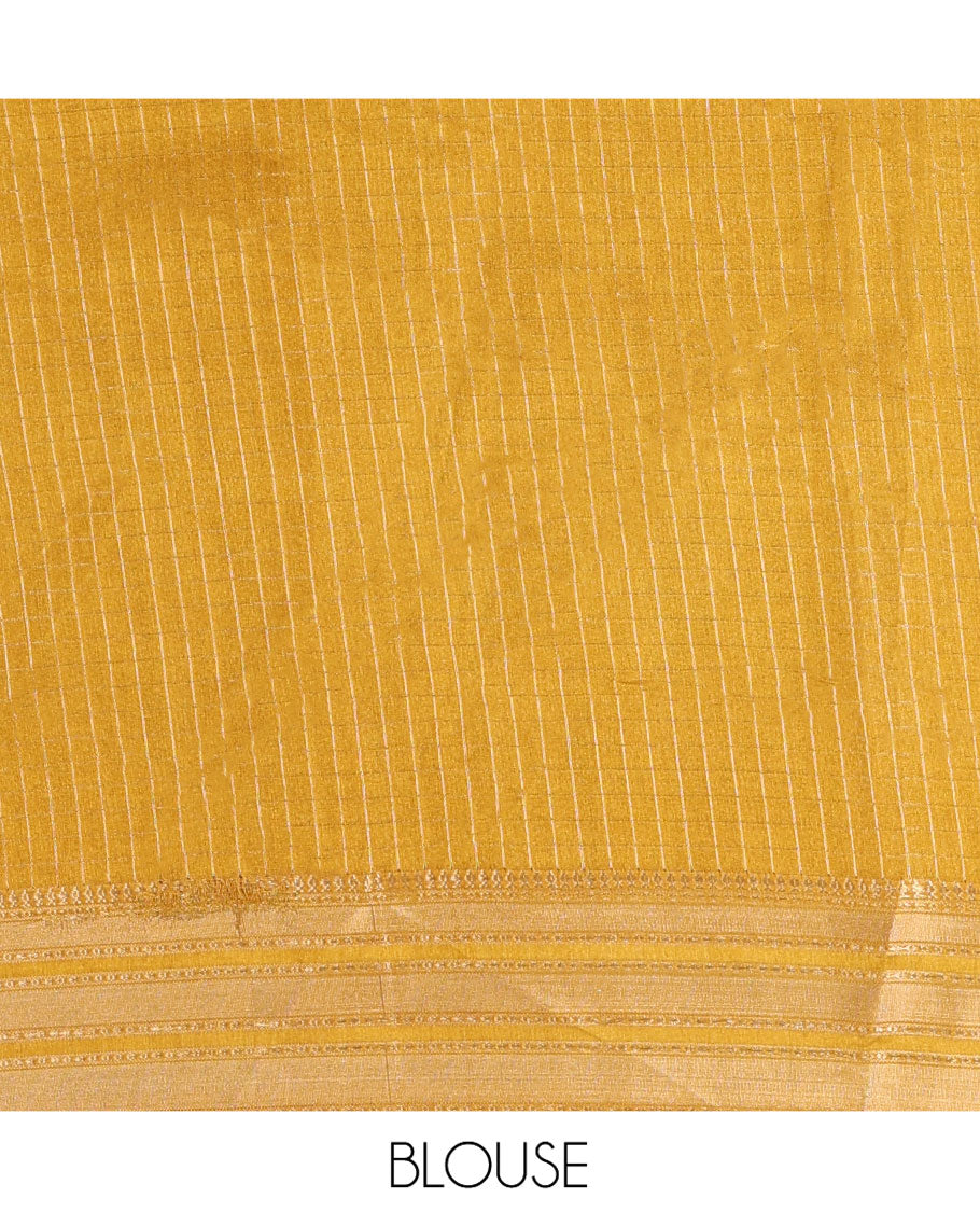 Green Moss Chiffon Saree, Accentuated with Zari Checks All Over Its Body, Complemented by a Contrast Traditional Zari Design Border, Zari Striped Pallu, and Paired with a Contrast Blouse