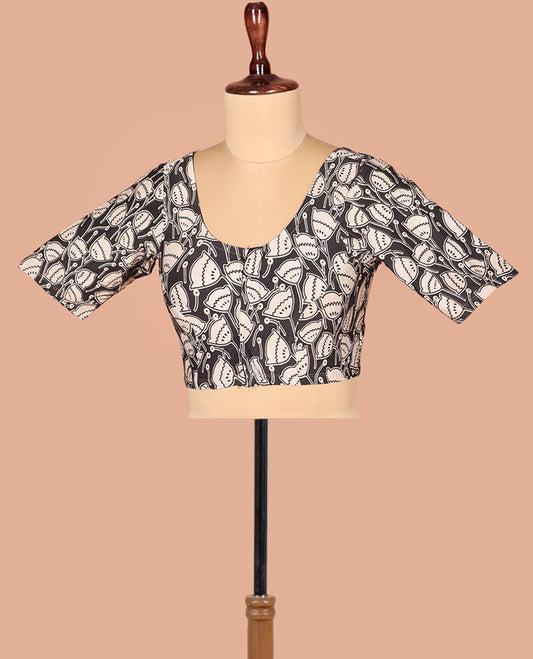 Black Readymade Blouse Embellished with Lotus Motifs Print, Featuring Front Round Neck, Back Round Neck, and Elbow Sleeves