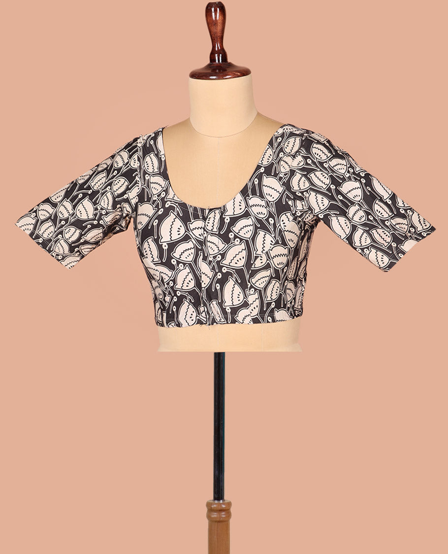 Black Readymade Blouse Embellished with Lotus Motifs Print, Featuring Front Round Neck, Back Round Neck, and Elbow Sleeves