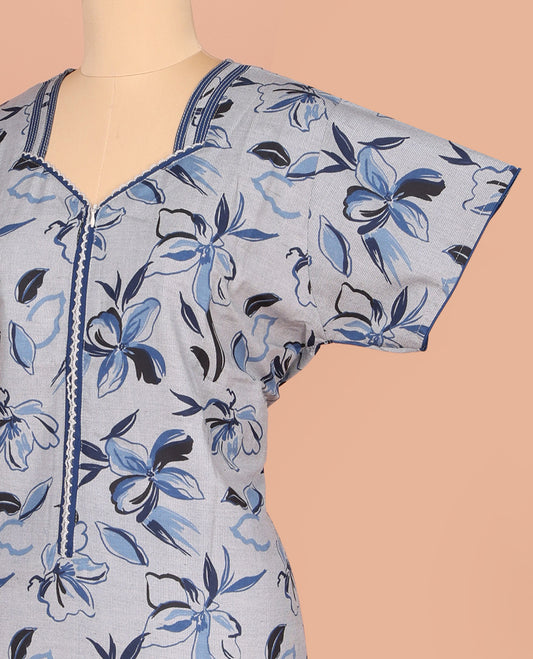 Pale Blue Cotton Nighty Elevated with Floral Print, Featuring Lace Work, Sweet Heart Front Neck, and Half  Sleeves