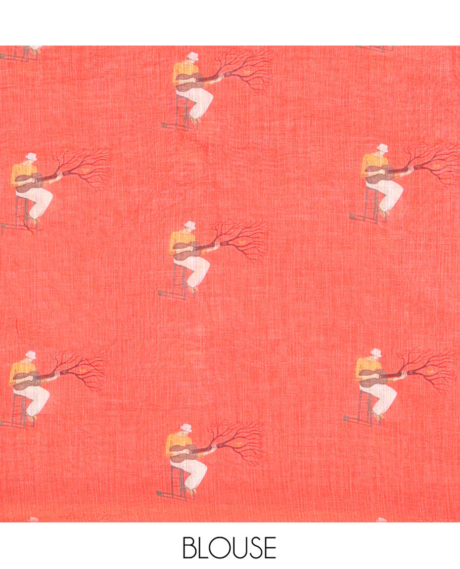 Orange Linen Cotton Saree, Depicting Men with a Guitar Motif Printed All Over Its Body, Complemented by Contrast Piping Border, Pallu Pictures a Men with a Guitar Motif, and Paired with a Contrast Blouse