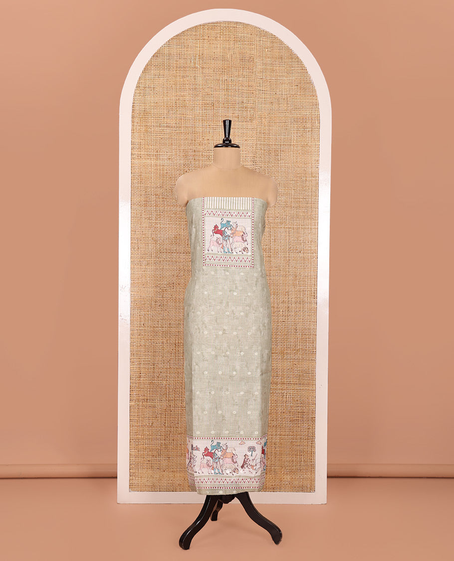 Pale Green Material Churidar Set, Sparsely Woven with Buttas and Pichwai Cow Printed Semi-Linen Top, Comes with a Contrast Plain Santoon Bottom, Santoon Dupatta of Unique Pichwai and Human Figurines Print