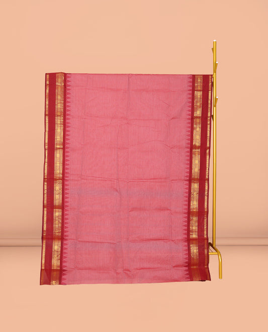Pink Plain Chettinad Cotton Saree, Complemented by Contrast Traditional Zari Design Rettai Pettu Border, Striped Pallu, and Paired with Matching Blouse