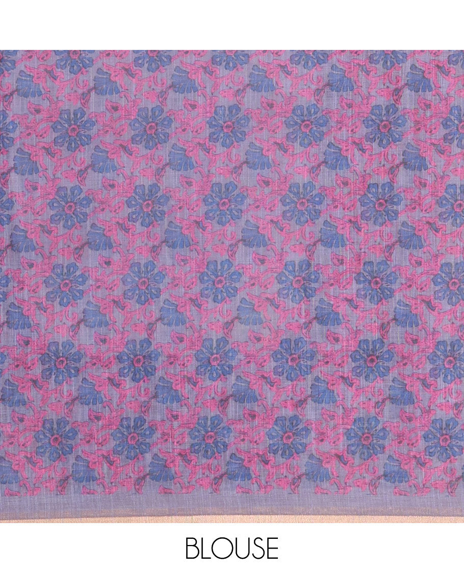 Purple Linen Cotton Saree, Adorned with Shibori Prints on Its Body, Subtle Contrast Piping Border, Pallu of Floral Print, and Paired with a Matching Blouse